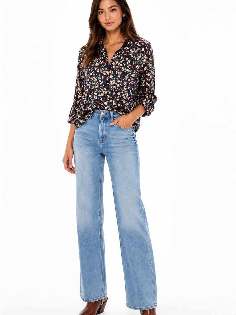 Vintage Inspire Silk Floral Button Down Blouse Medium Navy Cottagecore Boho